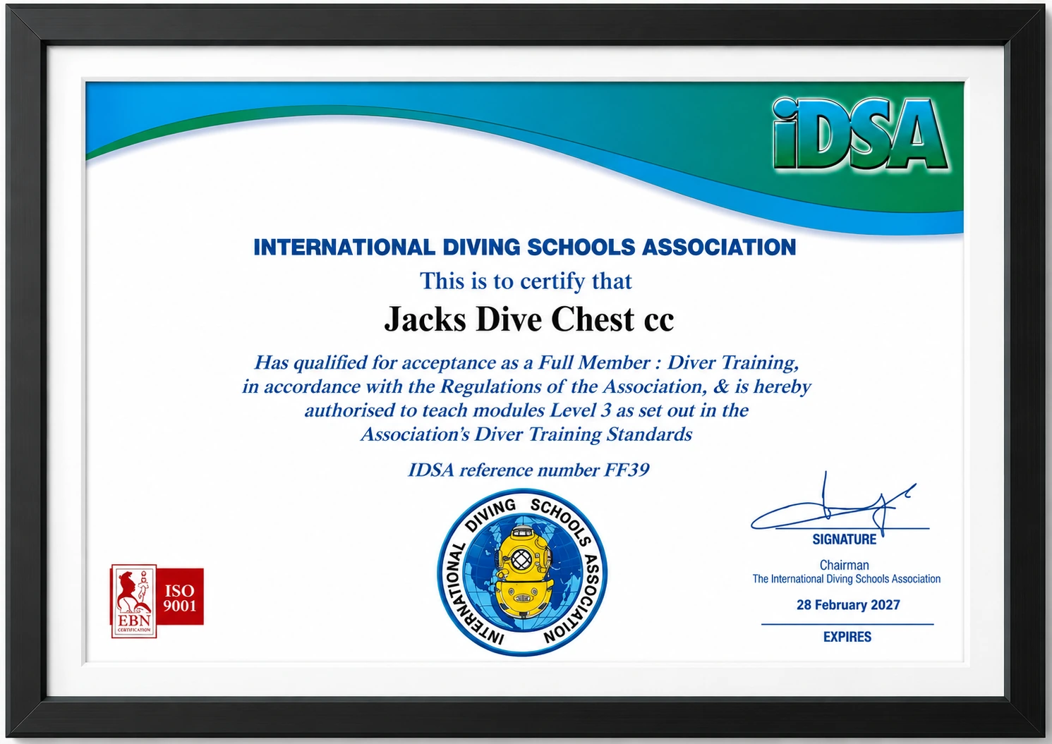 Jack’s Dive Chest IDSA Full Member Diver Training certificate