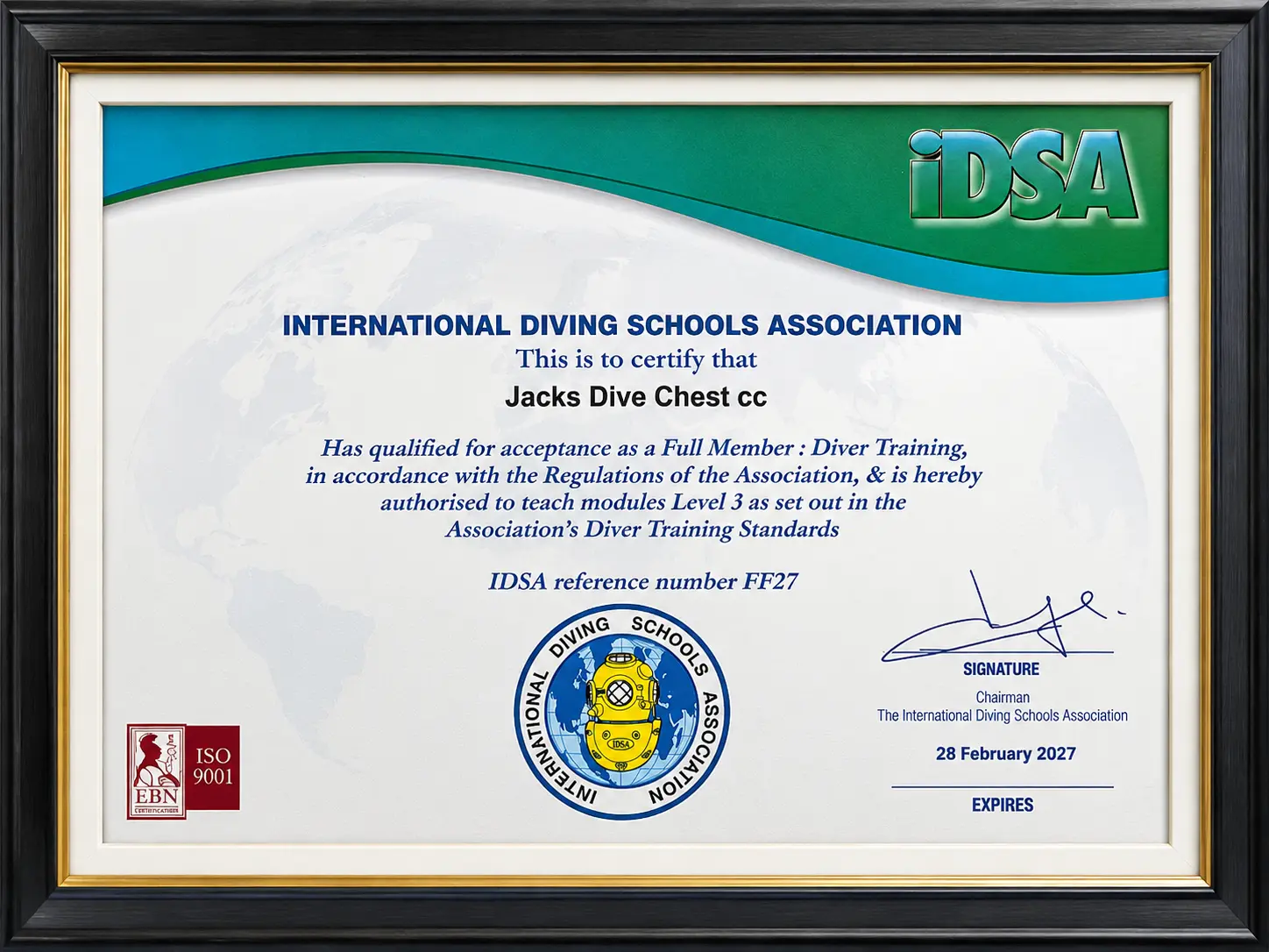 jacks-dive-chest-idsa-full-member-certificate IDSA certificate for Jacks Dive Chest Full Member Diver Training status